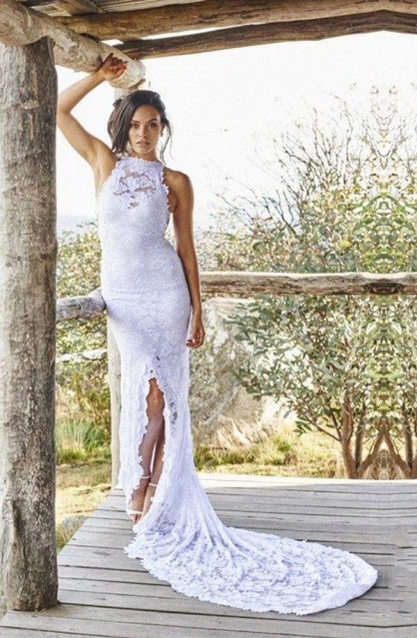 Floor length Open Back Lace Slit Wedding Dress - daisystyledress