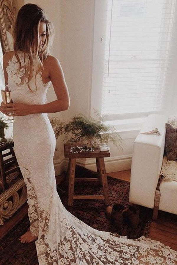 Floor length Open Back Lace Slit Wedding Dress - daisystyledress