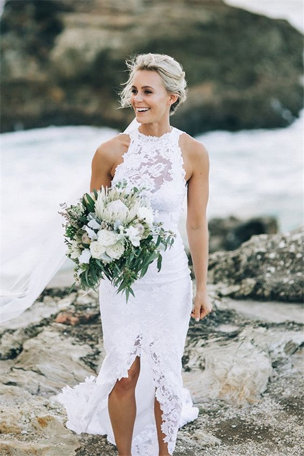 Floor length Open Back Lace Slit Wedding Dress - daisystyledress