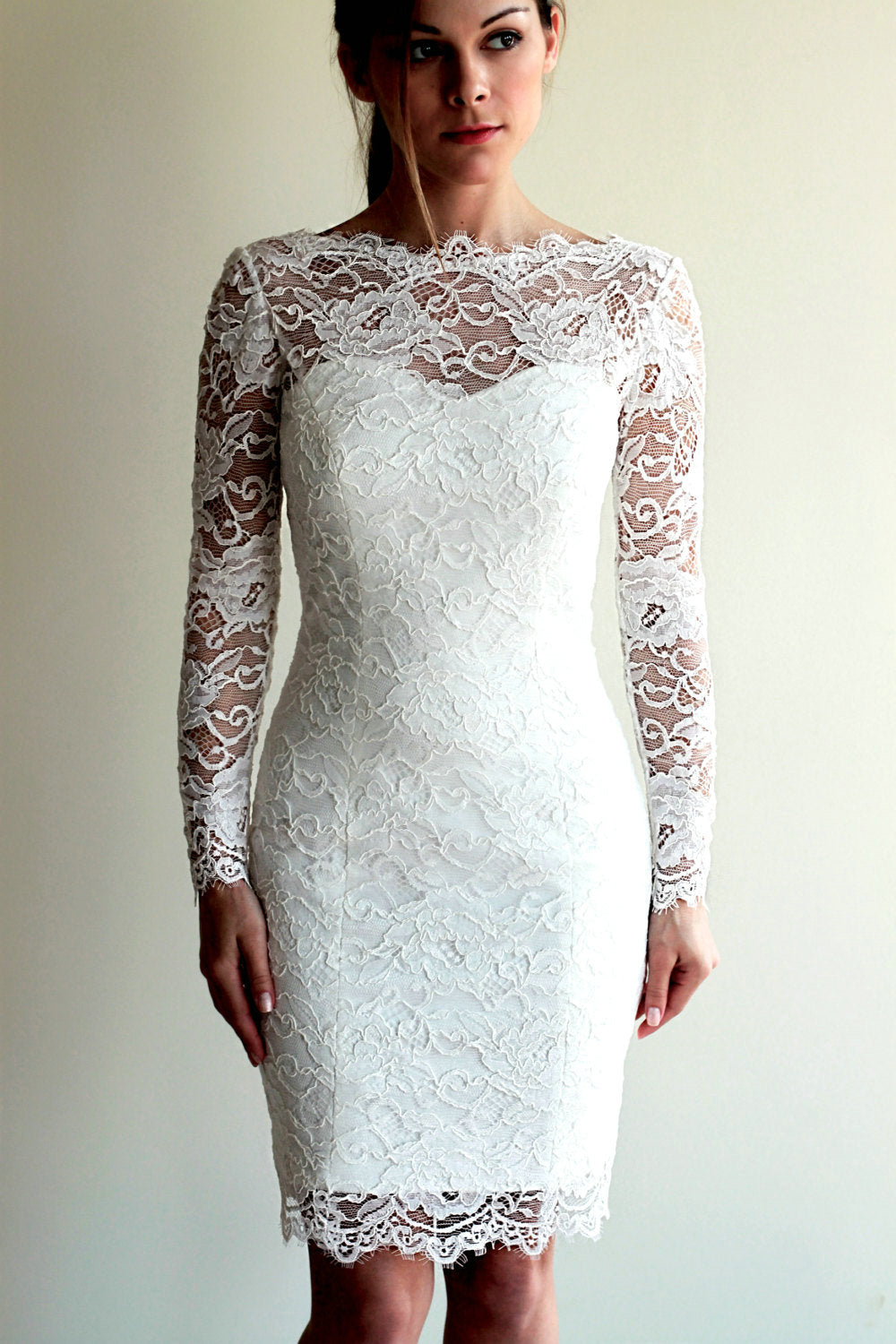 Long Sleeve Lace Short Fitted Wedding Dress - daisystyledress