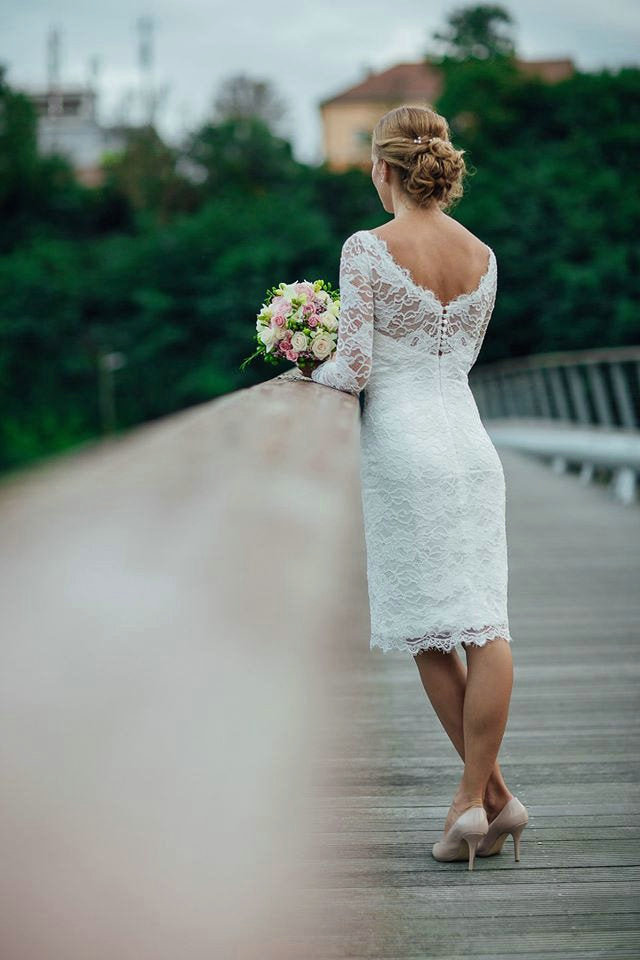 Long Sleeve Lace Short Fitted Wedding Dress - daisystyledress