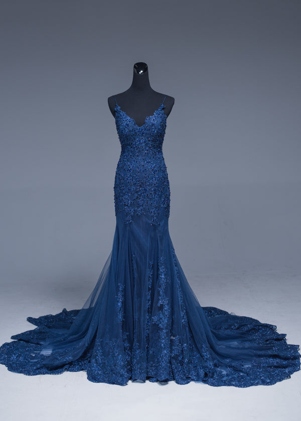 Sexy Mermaid Spaghetti Straps Navy Blue Lace Evening Dress - daisystyledress