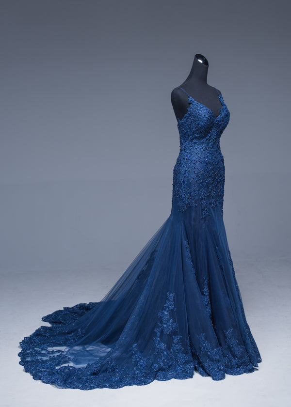 Sexy Mermaid Spaghetti Straps Navy Blue Lace Evening Dress - daisystyledress