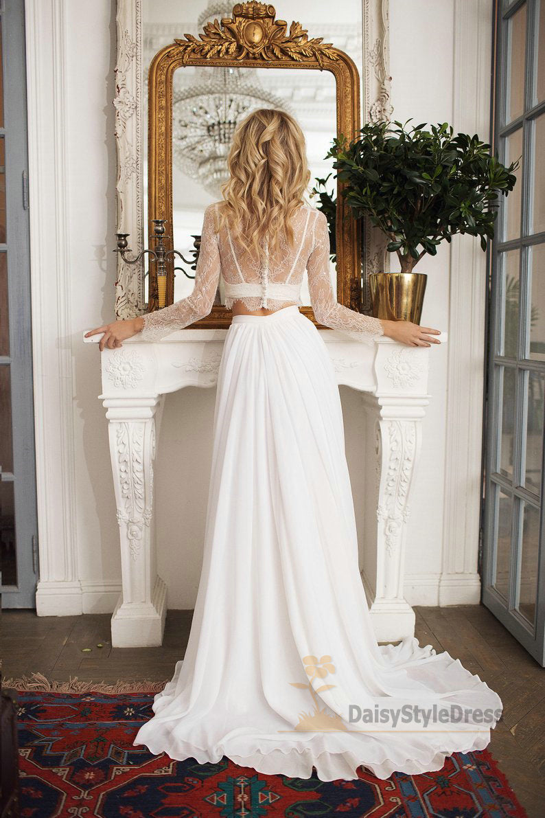 Two Piece Long Sleeve Lace Informal Boho Wedding Dress - daisystyledress