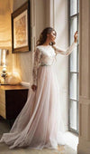 Modest Long Lace Sleeve Blush Tulle Wedding Dress - daisystyledress