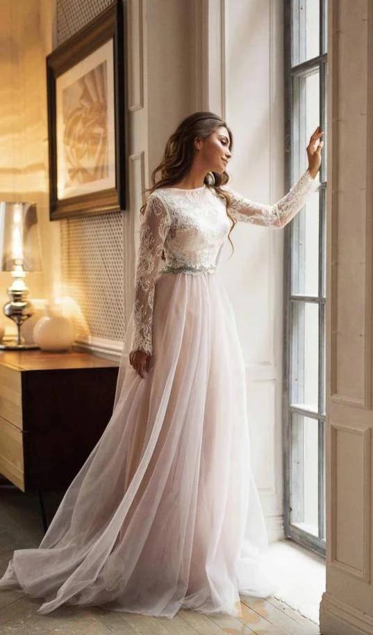 Modest Long Lace Sleeve Blush Tulle Wedding Dress - daisystyledress