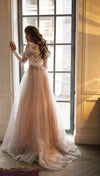 Modest Long Lace Sleeve Blush Tulle Wedding Dress - daisystyledress