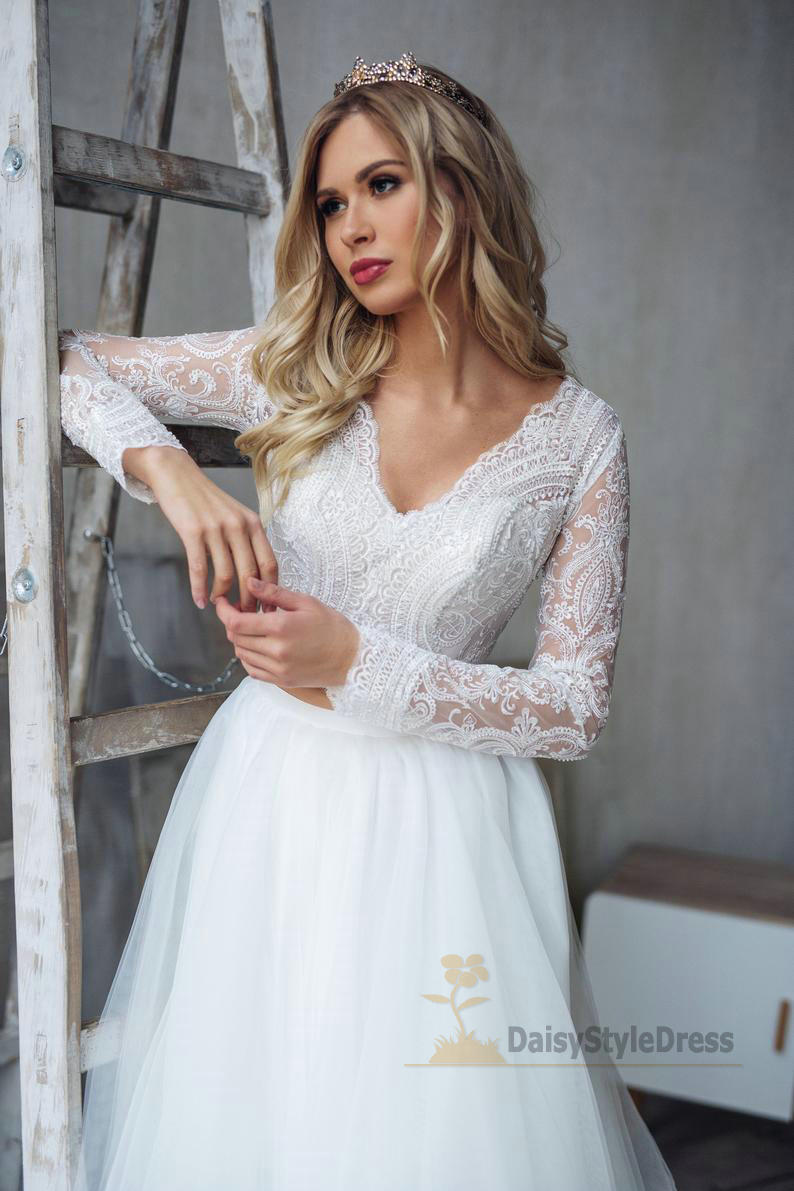 Long Lace Sleeve Two Piece Wedding Dress - daisystyledress