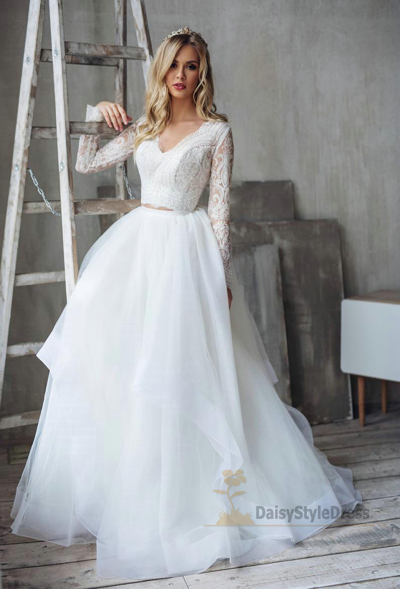 Long Lace Sleeve Two Piece Wedding Dress - daisystyledress