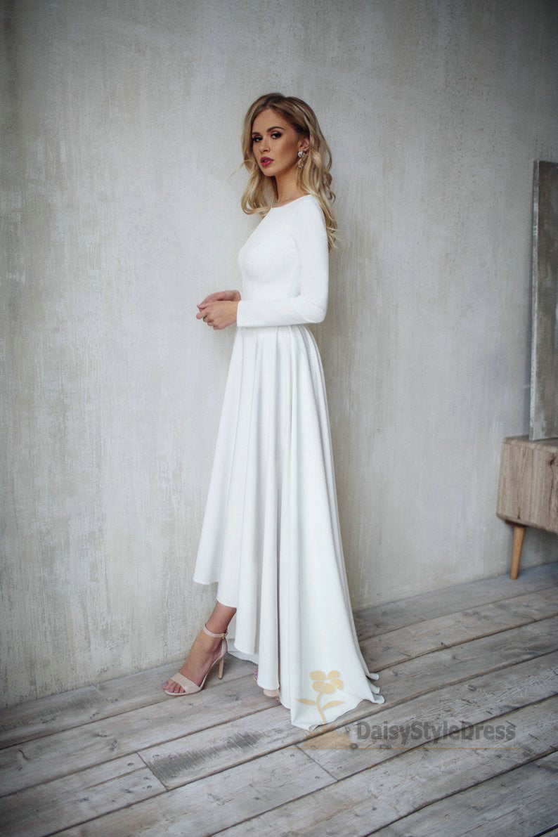 Informal Long Sleeve High Low V-back Boho Wedding Dress - daisystyledress