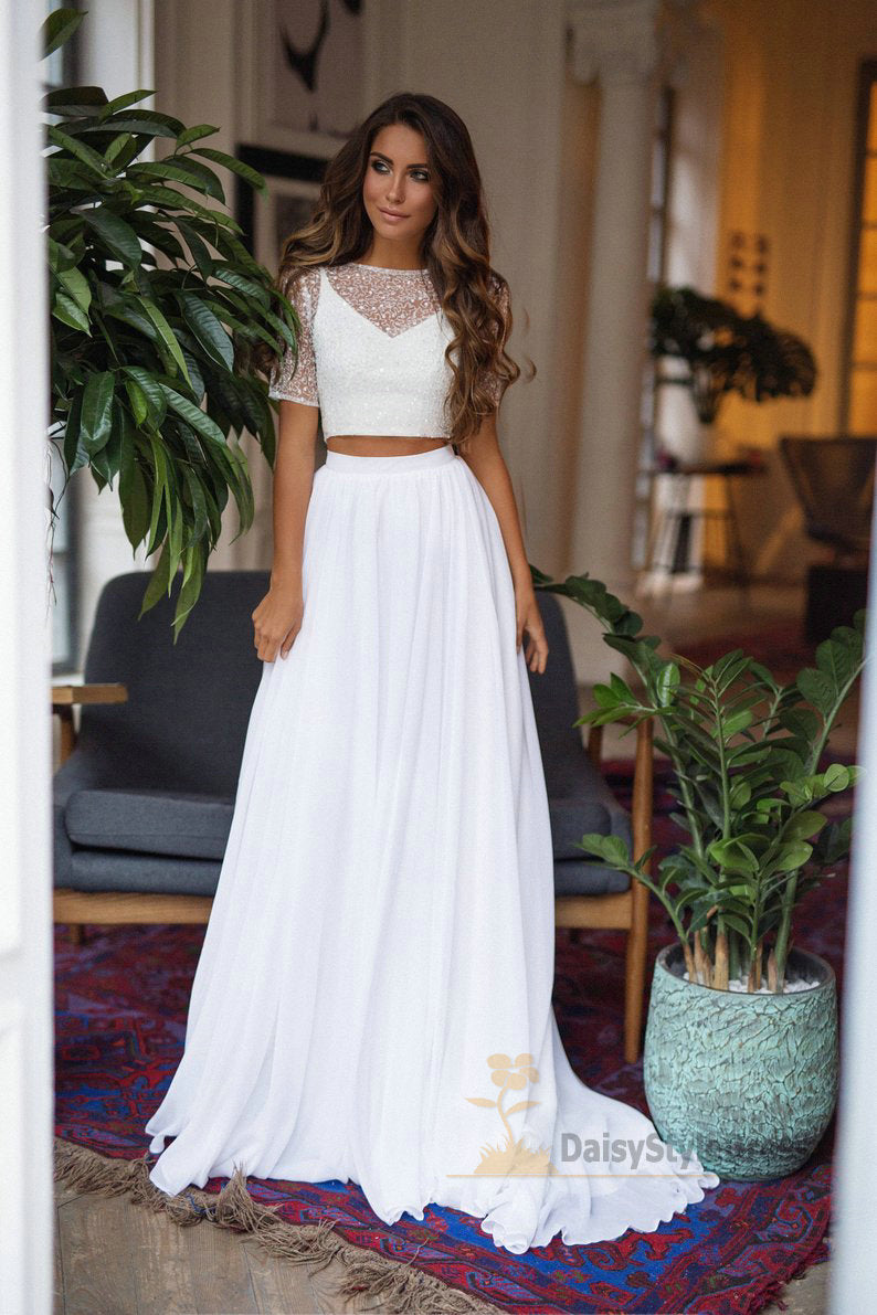 Beaded Half Sleeve Two Piece Wedding Dress - daisystyledress