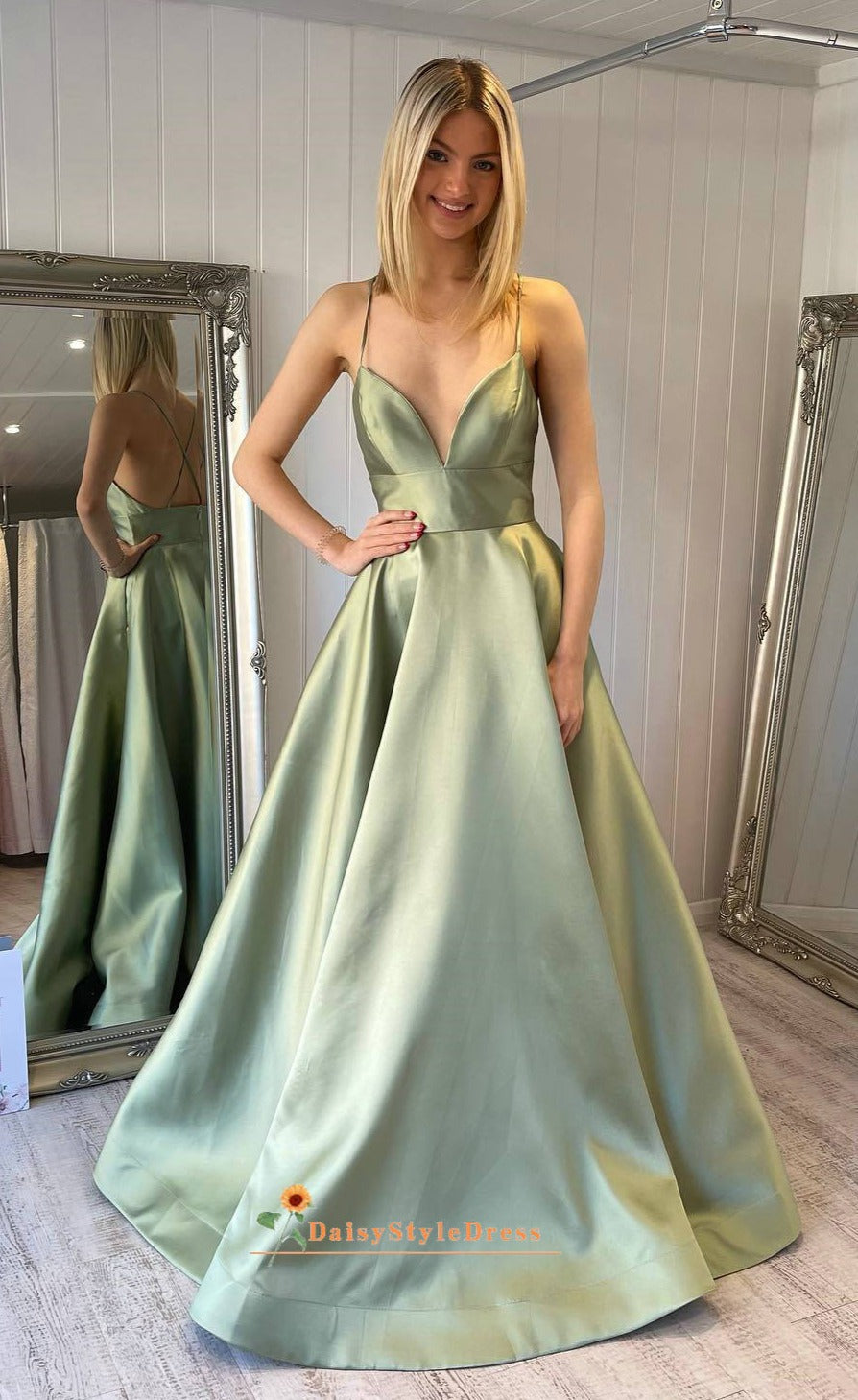 vintage sage green prom dress light green prom dress Puffy Sleeve Sage Green Satin Prom Dress Lisposa