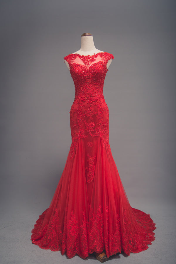 Modest Mermaid Red Lace Wedding Dress - daisystyledress