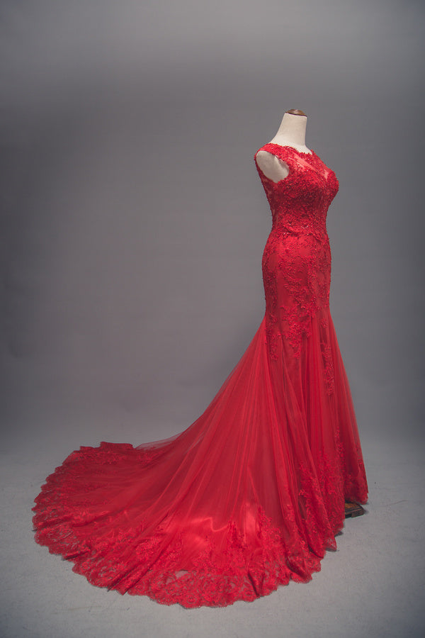 Modest Mermaid Red Lace Wedding Dress daisystyledress Modest Mermaid Red Lace Wedding Dress daisystyledress