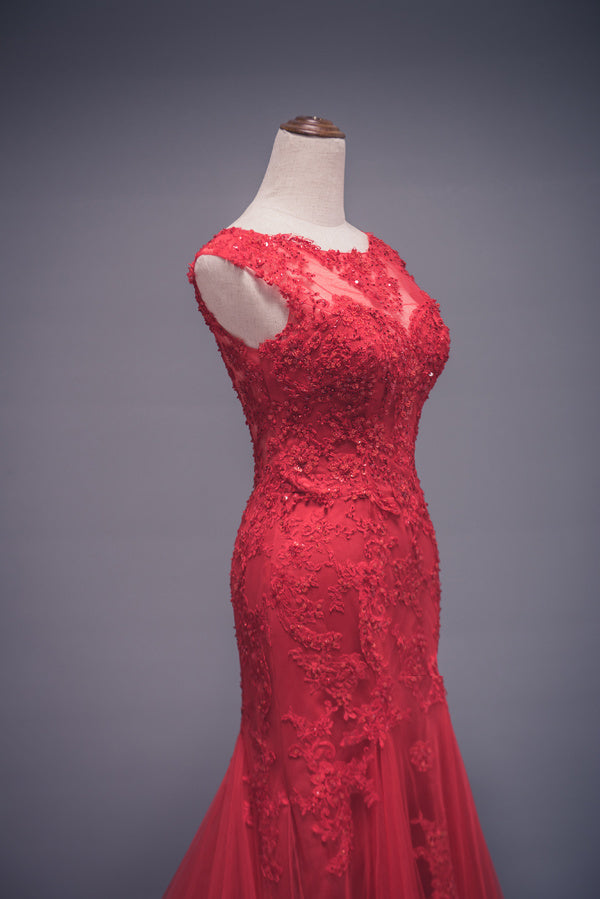 Modest Mermaid Red Lace Wedding Dress - daisystyledress