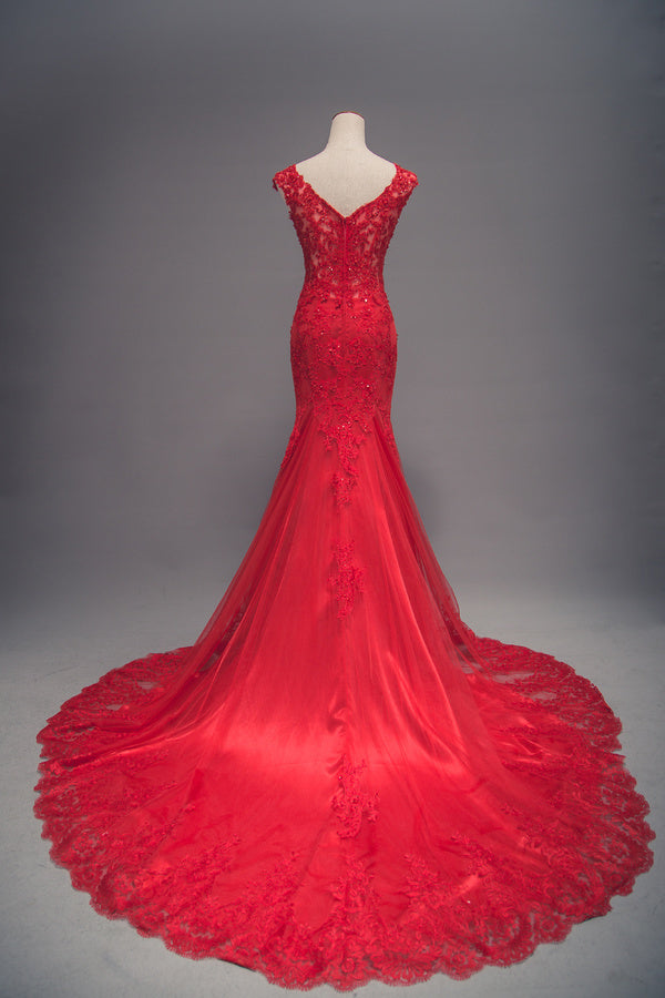 Modest Mermaid Red Lace Wedding Dress - daisystyledress