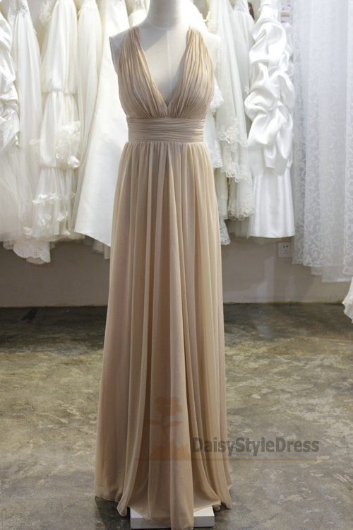 Full Length V-neckline Champagne Evening Dress - daisystyledress
