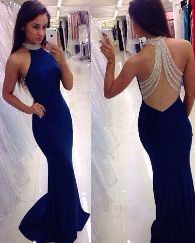 Fit and Flare Halter Neckline Royal Blue Wedding Guest Dress