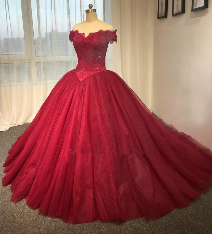 Ball Gown Off Shoulder Sleeve Burgundy Lace Wedding Dress - daisystyledress