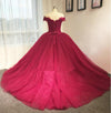 Ball Gown Off Shoulder Sleeve Burgundy Lace Wedding Dress - daisystyledress