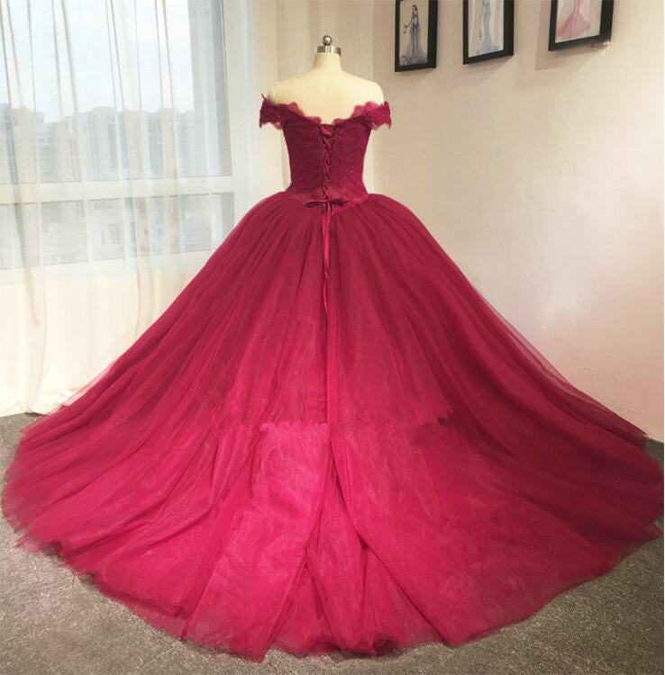 Ball Gown Off Shoulder Sleeve Burgundy Lace Wedding Dress - daisystyledress
