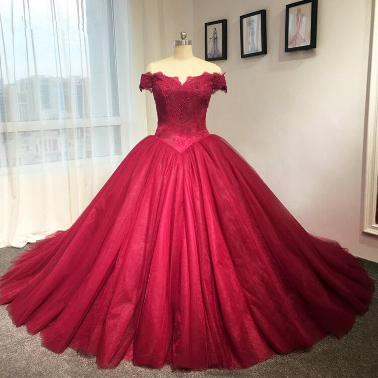 Ball Gown Off Shoulder Sleeve Burgundy Lace Wedding Dress - daisystyledress