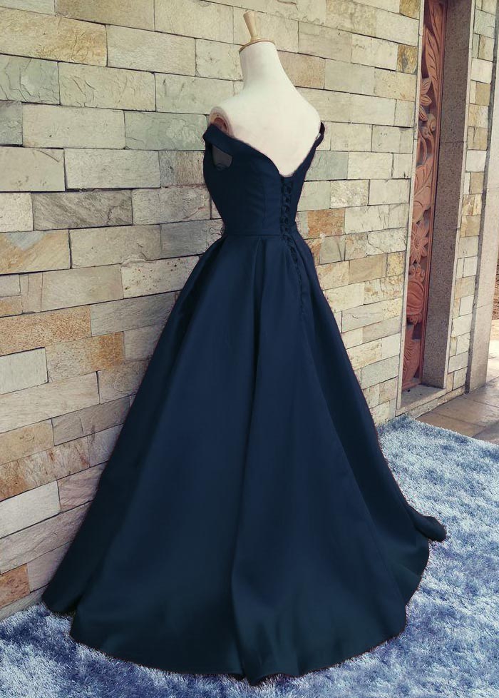 A line Off Shoulder Sleeves Navy Blue Prom Dress daisystyledress A line Off Shoulder Sleeves Navy Blue Prom Dress daisystyledress