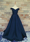 A line Off Shoulder Sleeves Navy Blue Prom Dress - daisystyledress