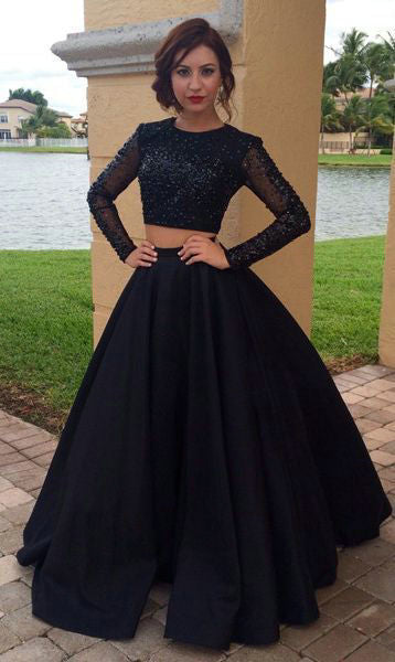 Ball Gown Black Two Piece Long Sleeve Prom Dress - daisystyledress