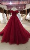Ball Gown Off Shoulder Sleeve Burgundy Wedding Dress - daisystyledress