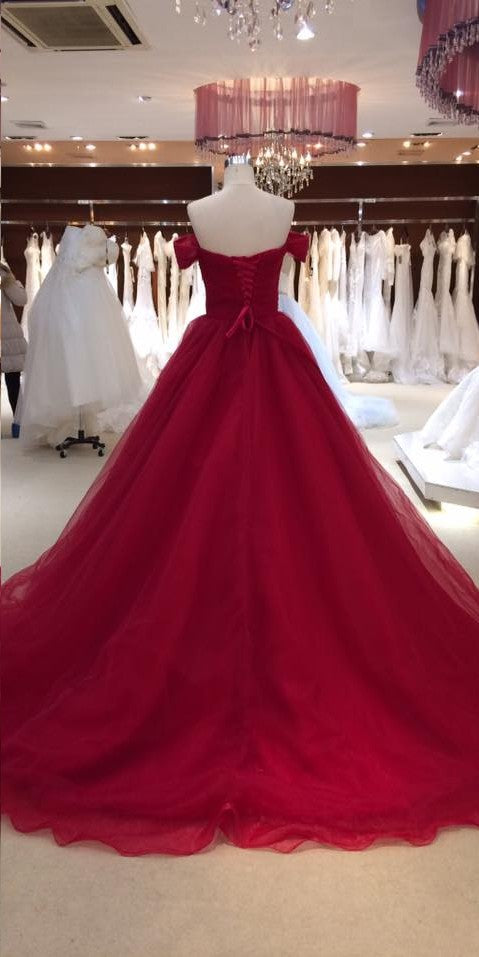 Ball Gown Off Shoulder Sleeve Burgundy Wedding Dress - daisystyledress