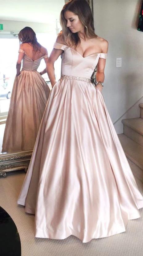Off Shoulder Sleeve Blush Prom Dress with Pocket - daisystyledress