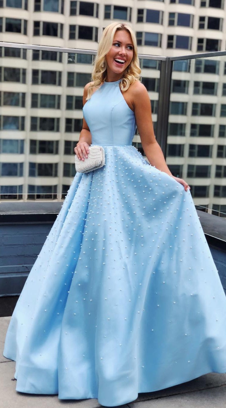 Fashion Halter Neck Light Blue Prom Dress - daisystyledress