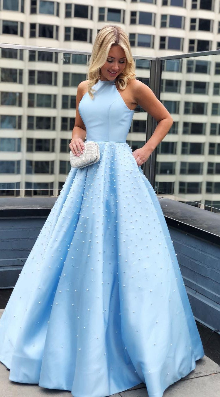 Fashion Halter Neck Light Blue Prom Dress - daisystyledress