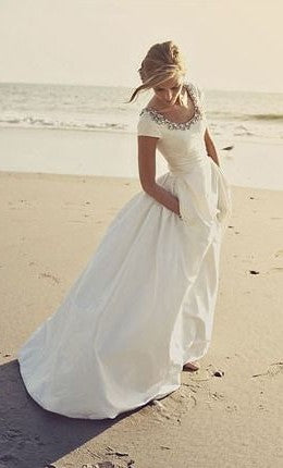 Modest Short Sleeves Beach Wedding Dress - daisystyledress