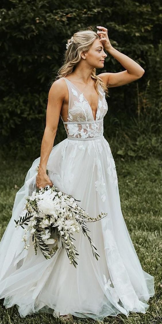 A line V-neckline Lace Deep V-back Wedding Dress - daisystyledress