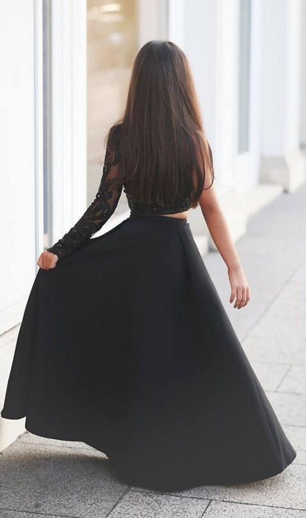 Two Piece Single Sleeve Black Prom Dress - daisystyledress