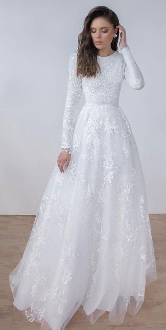 Modest Long Sleeve High Quality French Lace Wedding Dress - daisystyledress