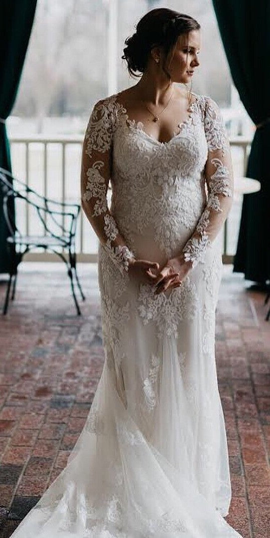 Mermaid Long Sleeve Sheer Lace Wedding Dress - daisystyledress