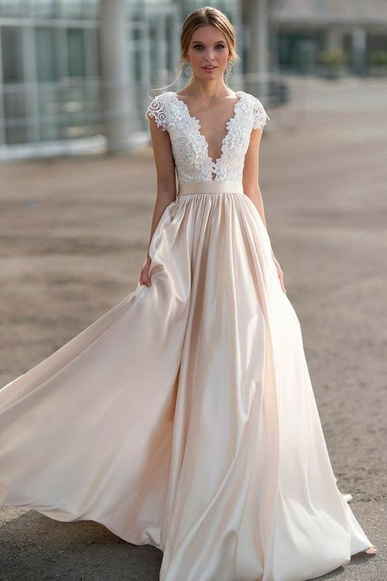 A line Short Sleeve Blush Wedding Dress - daisystyledress
