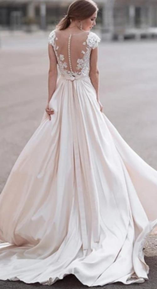 A line Short Sleeve Blush Wedding Dress - daisystyledress