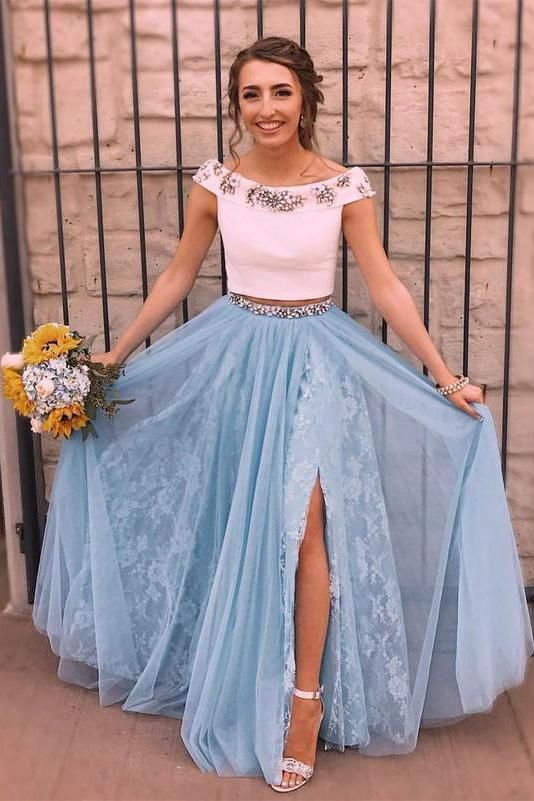 Two Pieces Lace Prom Dresses, Off The Shoulder Prom Dresses, Prom Dresses With Slit