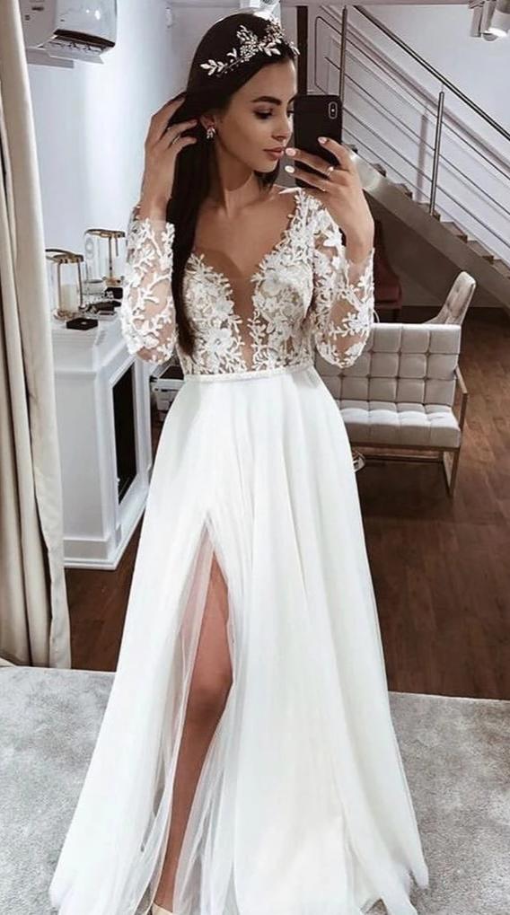 Sexy Slit Sheer Lace Long Sleeve Wedding Dress - daisystyledress