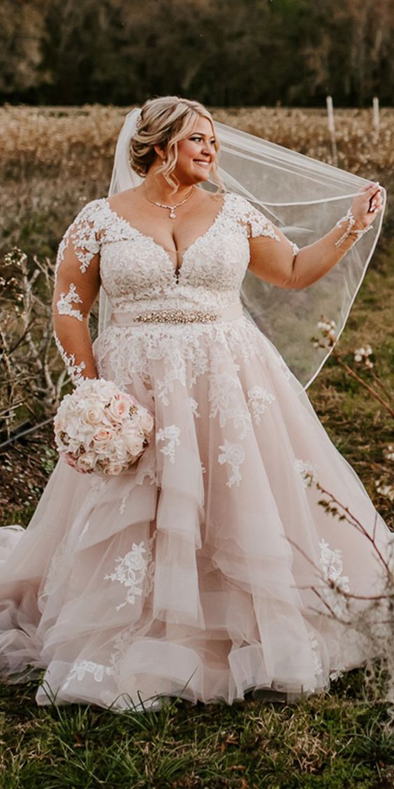 Long Sleeve Blush Lace Plus Size Wedding Dress