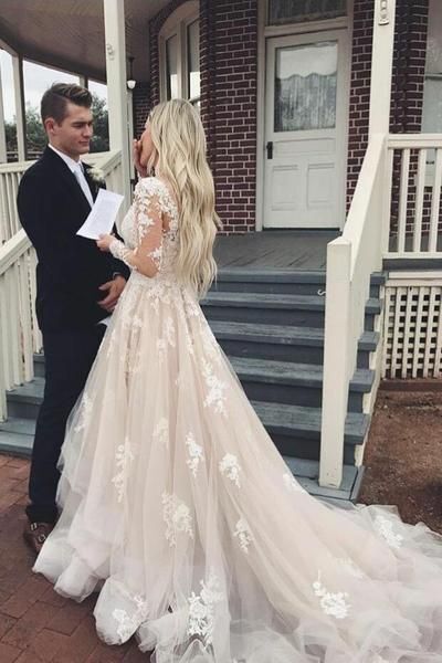 Long Sleeve Blush Lace Plus Size Wedding Dress