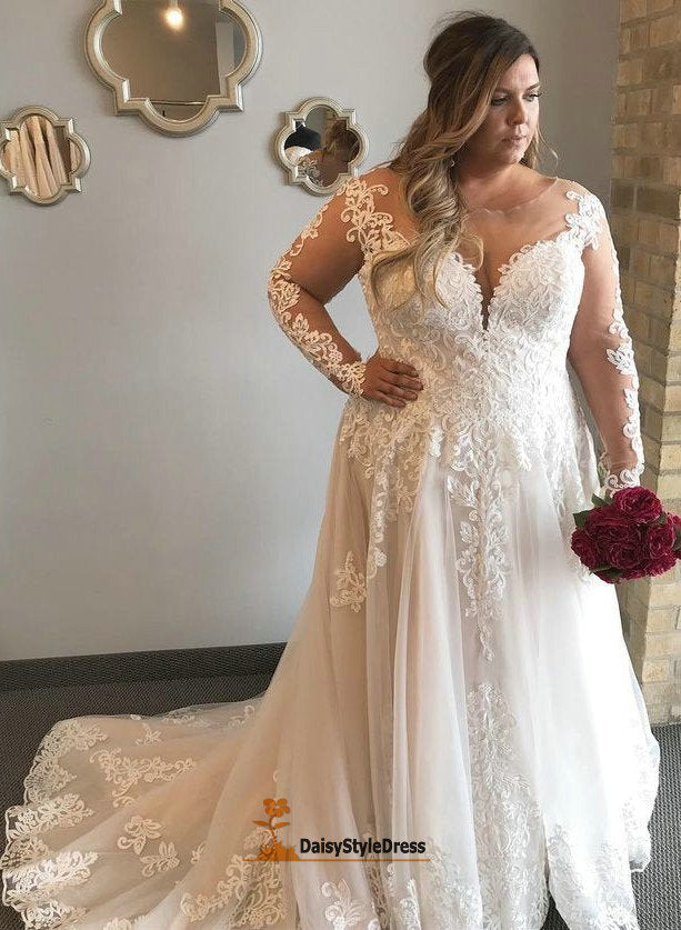 Elegant Long Sleeve Lace Plus Size Wedding Dress - daisystyledress