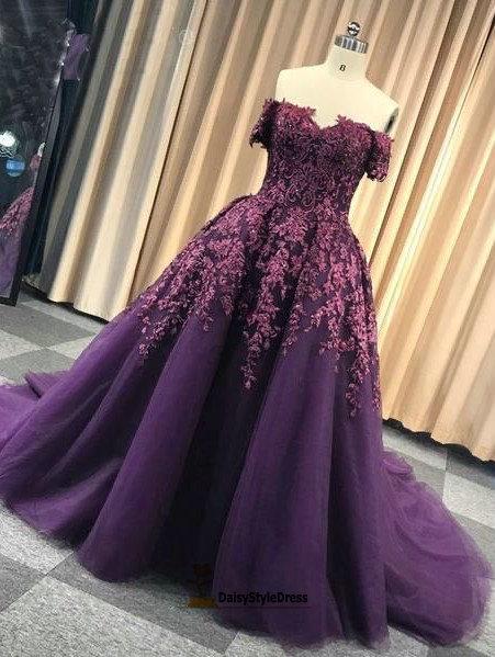 Ball Gown Off Shoulder Sleeve Grape Plus Size Prom Dress - daisystyledress