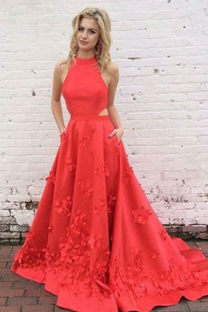 Fashion Halter Neckline Red Prom Dress - daisystyledress