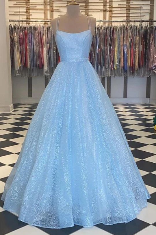 Blue Tulle Beaded Long A-Line Prom Dress, Blue Formal Evening Gown