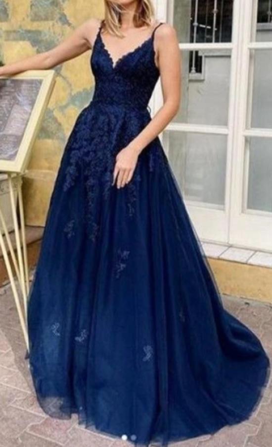 Fashion Cross Back Navy Blue Prom Dress - daisystyledress